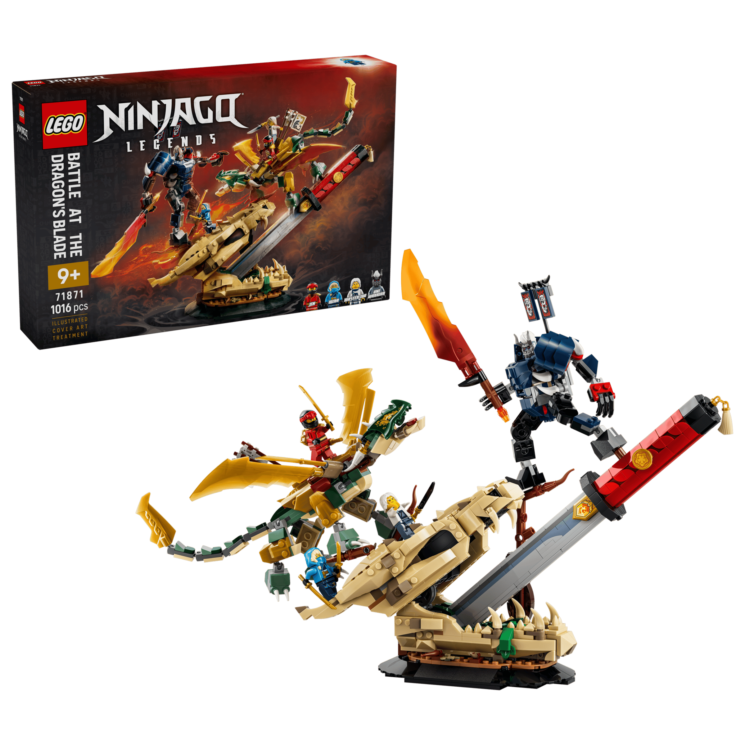 LEGO Ninjago Battle at the Dragon's Blade 71871 box and model