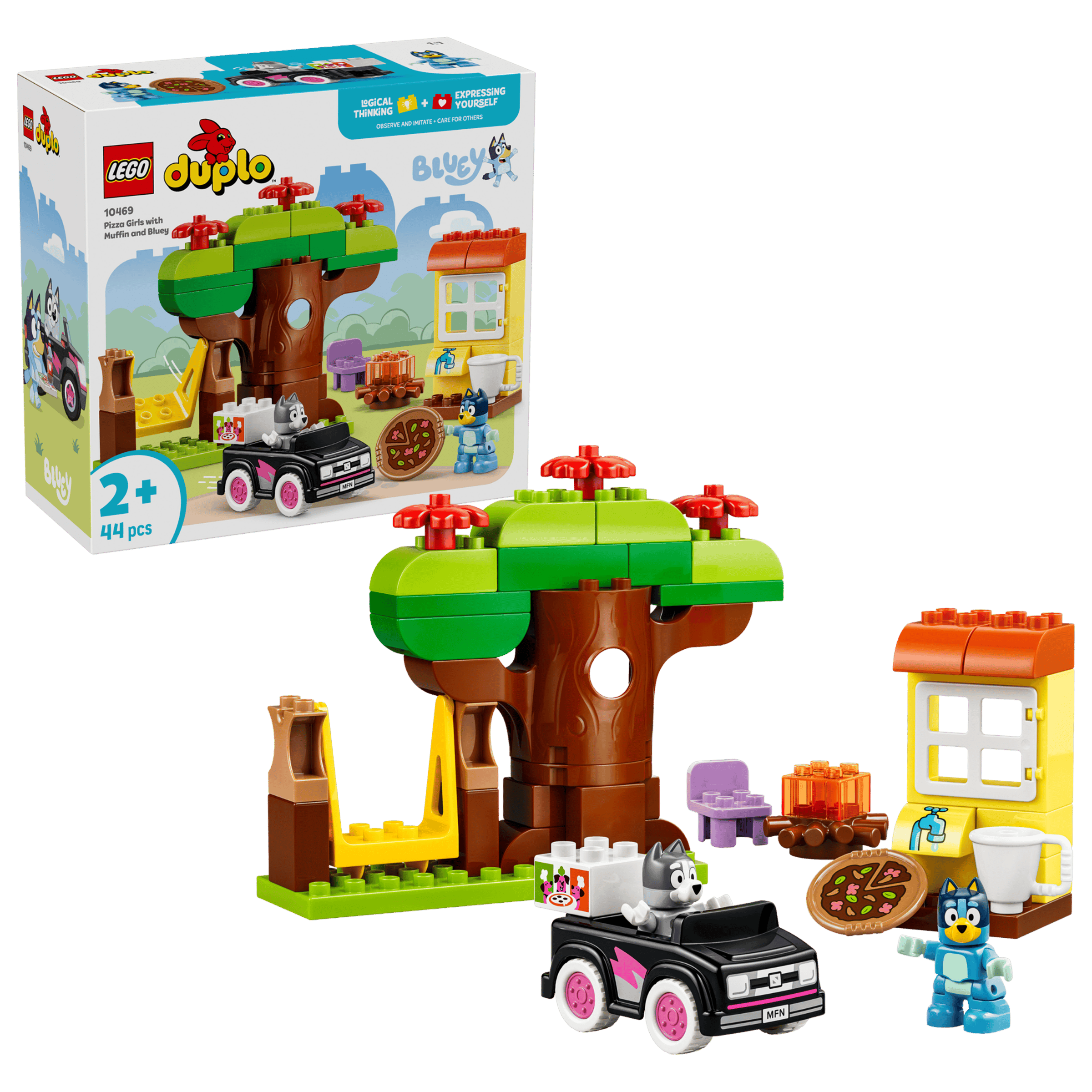 LEGO DUPLO Pizza Girls with Muffin and Bluey box and model