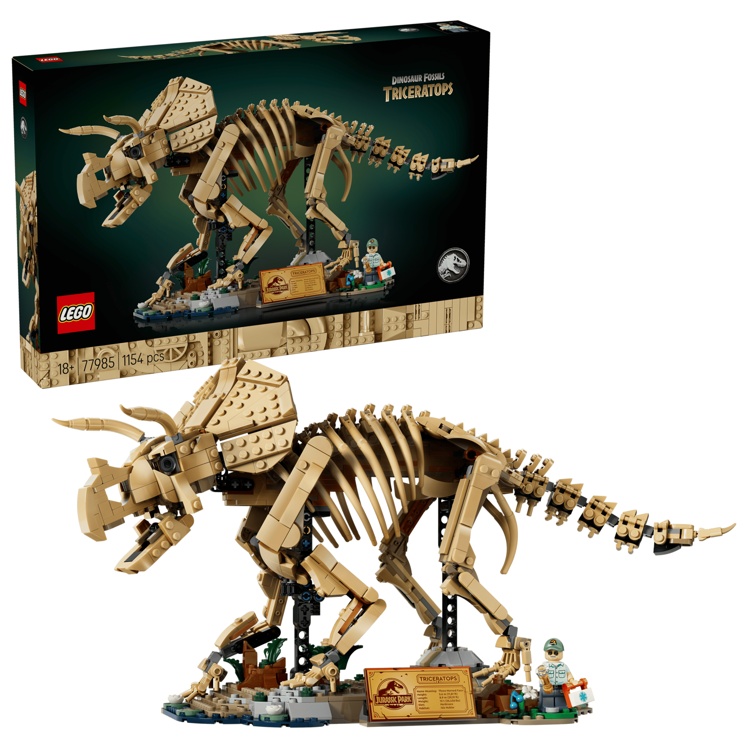LEGO Jurassic World Dinosaur Fossils: Triceratops 77985 box and model