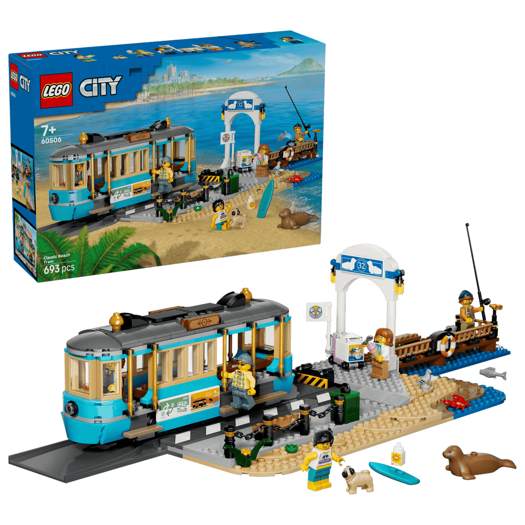 LEGO City Classic Beach Streetcar 60506 box and model
