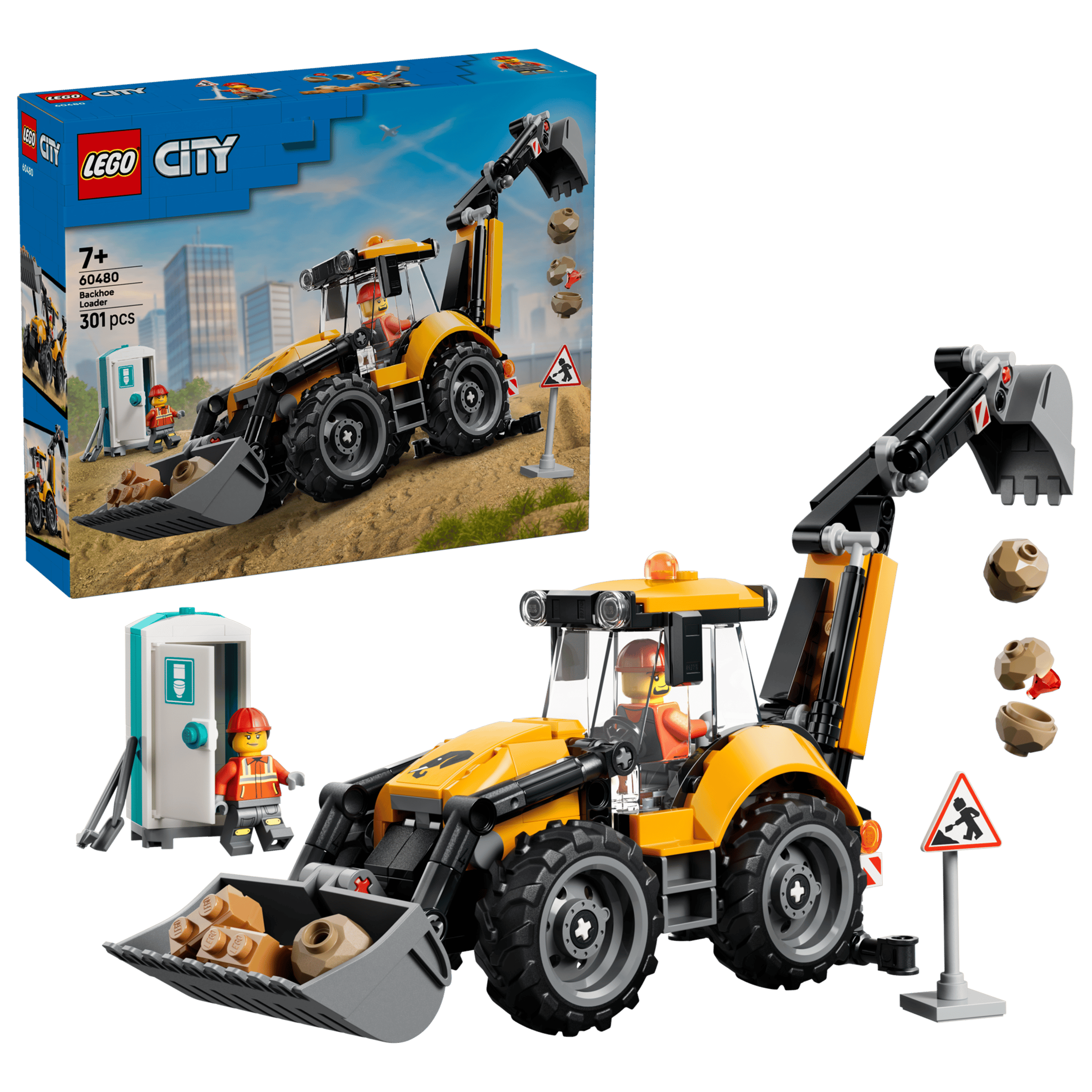LEGO City Yellow Backhoe Loader 60480 box and model
