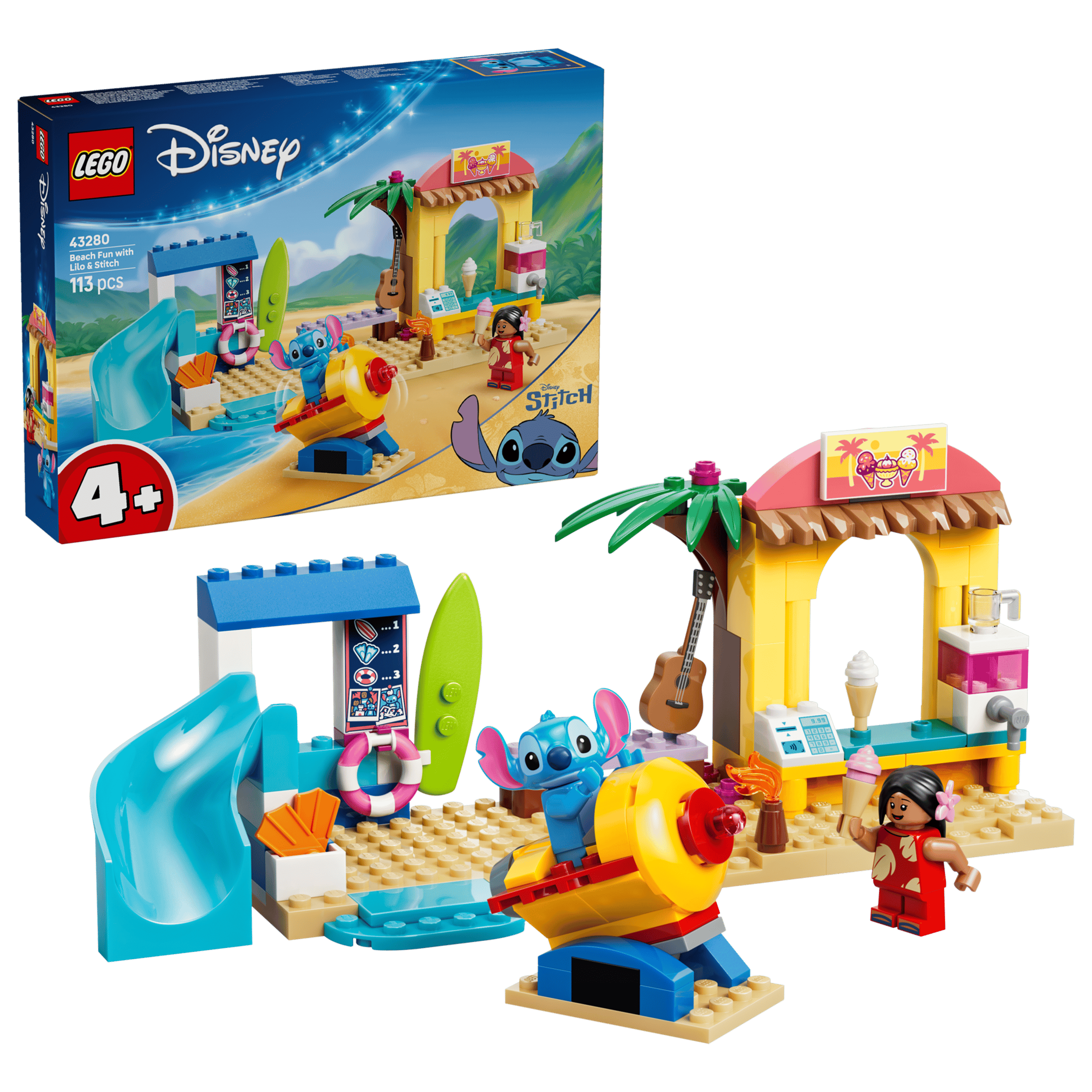 LEGO Disney Beach Fun with Lilo & Stitch 43280 box and model