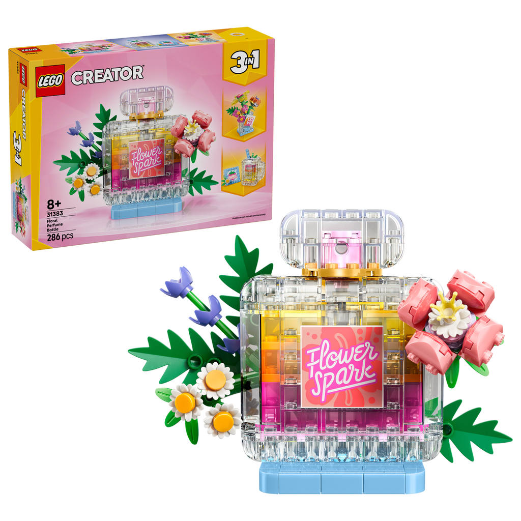 LEGO Creator 3-in-1 Floral Decor Perfume Bottle 31383 box and model