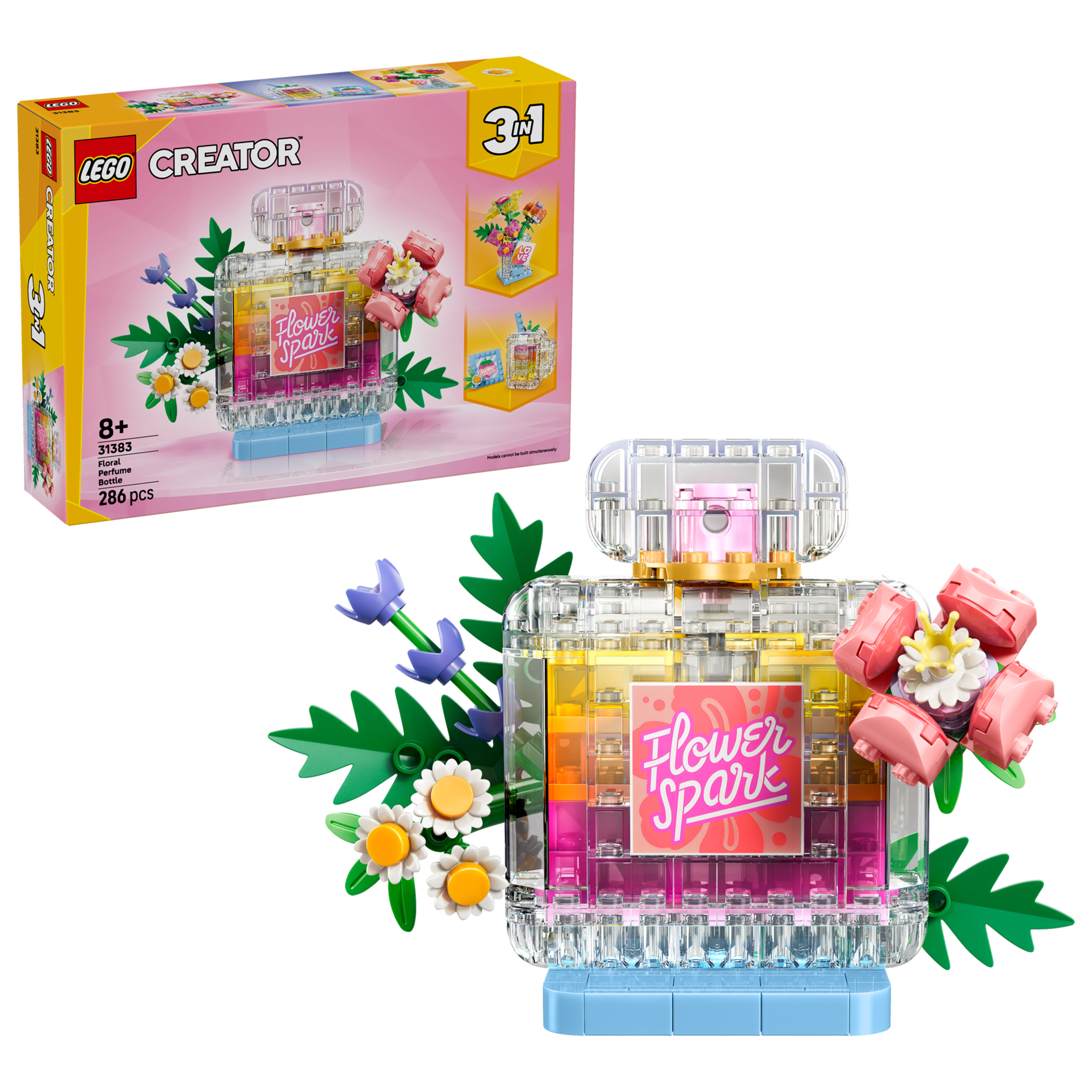 LEGO Creator 3-in-1 Floral Decor Perfume Bottle 31383 box and model