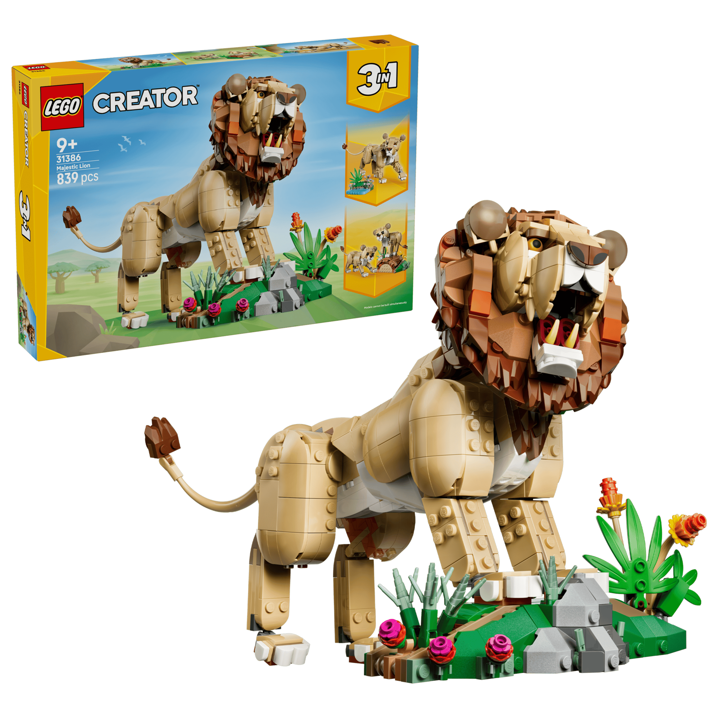 LEGO Creator 3-in-1 Wild Animals: Majestic Lion 31386 box and model