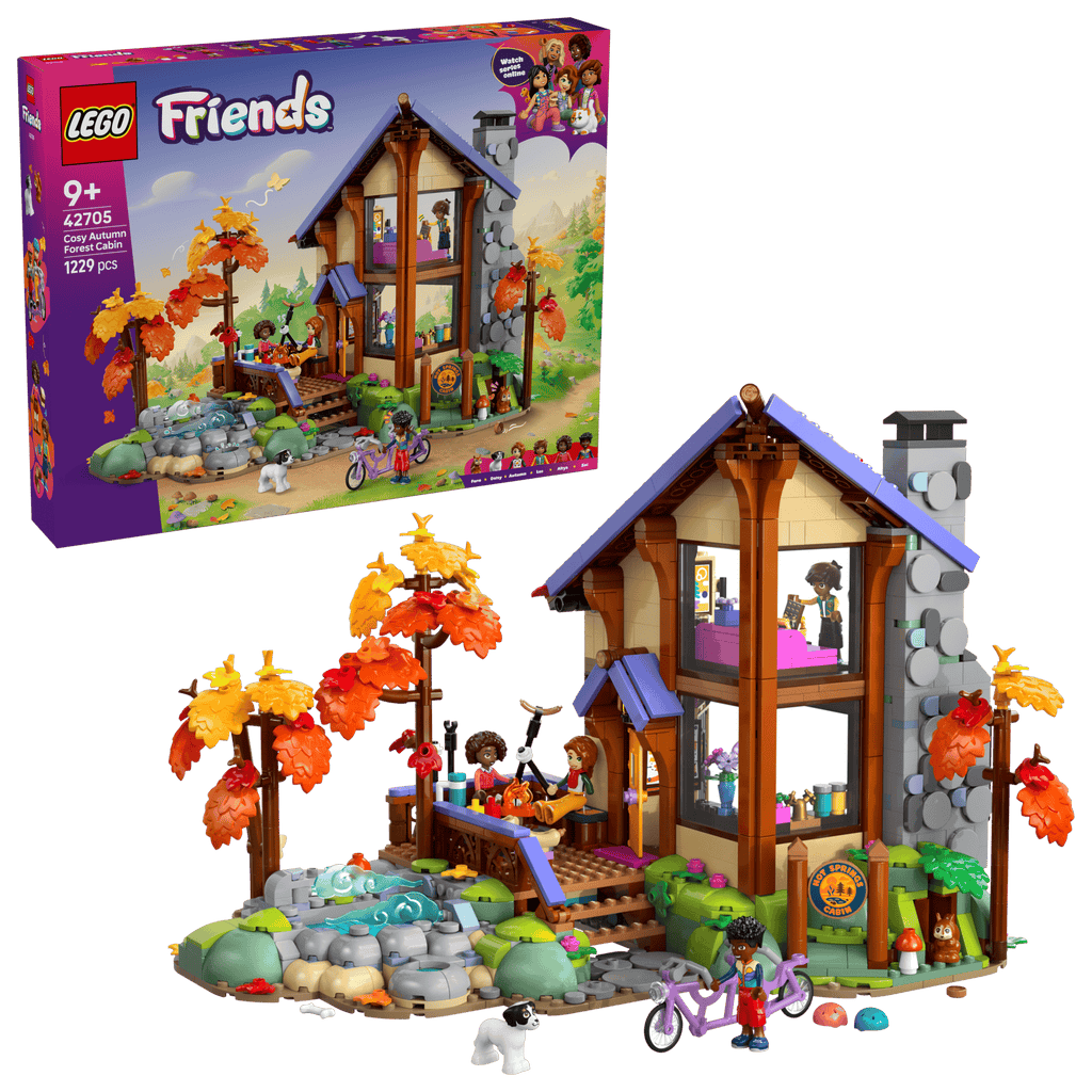 LEGO Friends Cozy Fall Forest Cabin 42705 box and model