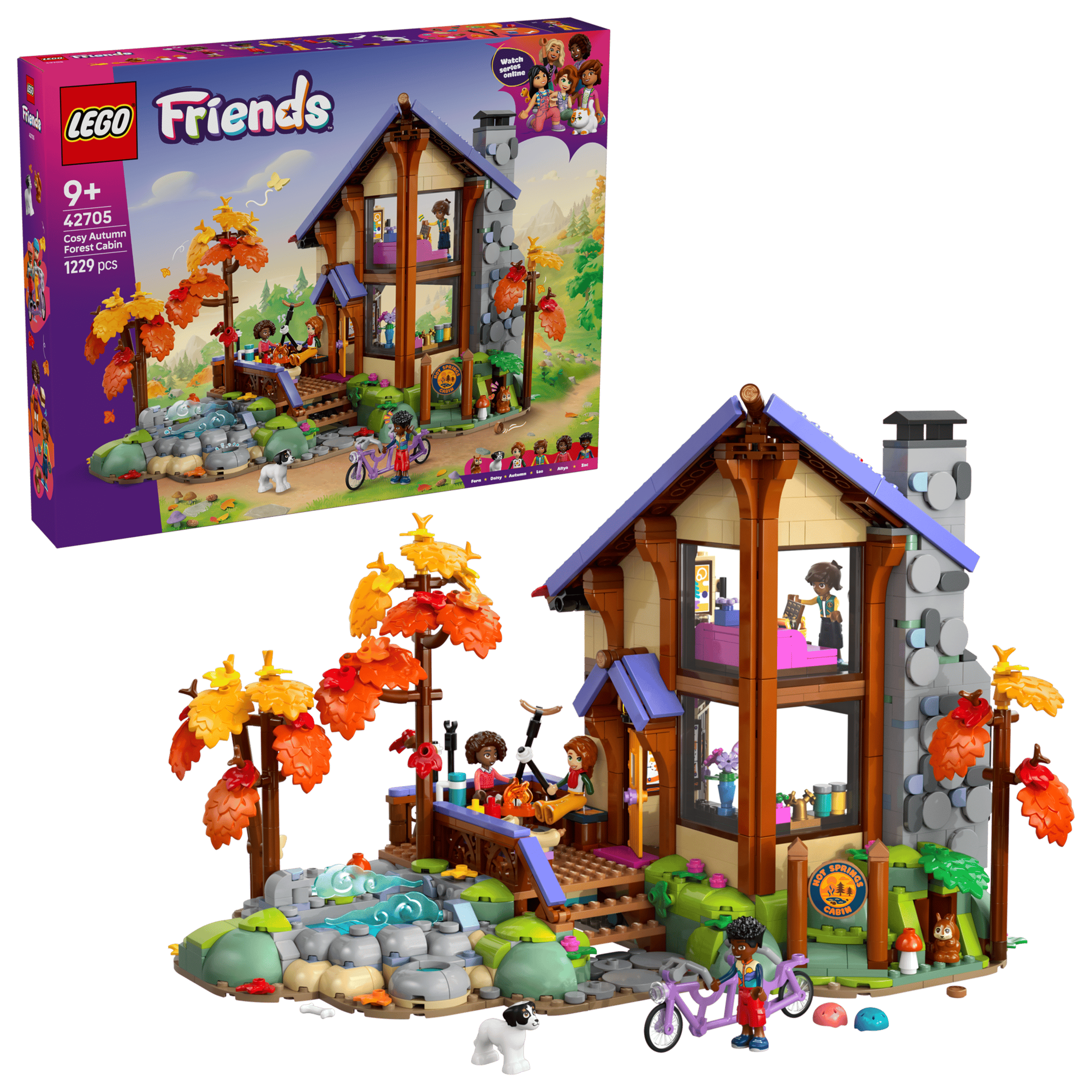 LEGO Friends Cozy Fall Forest Cabin 42705 box and model