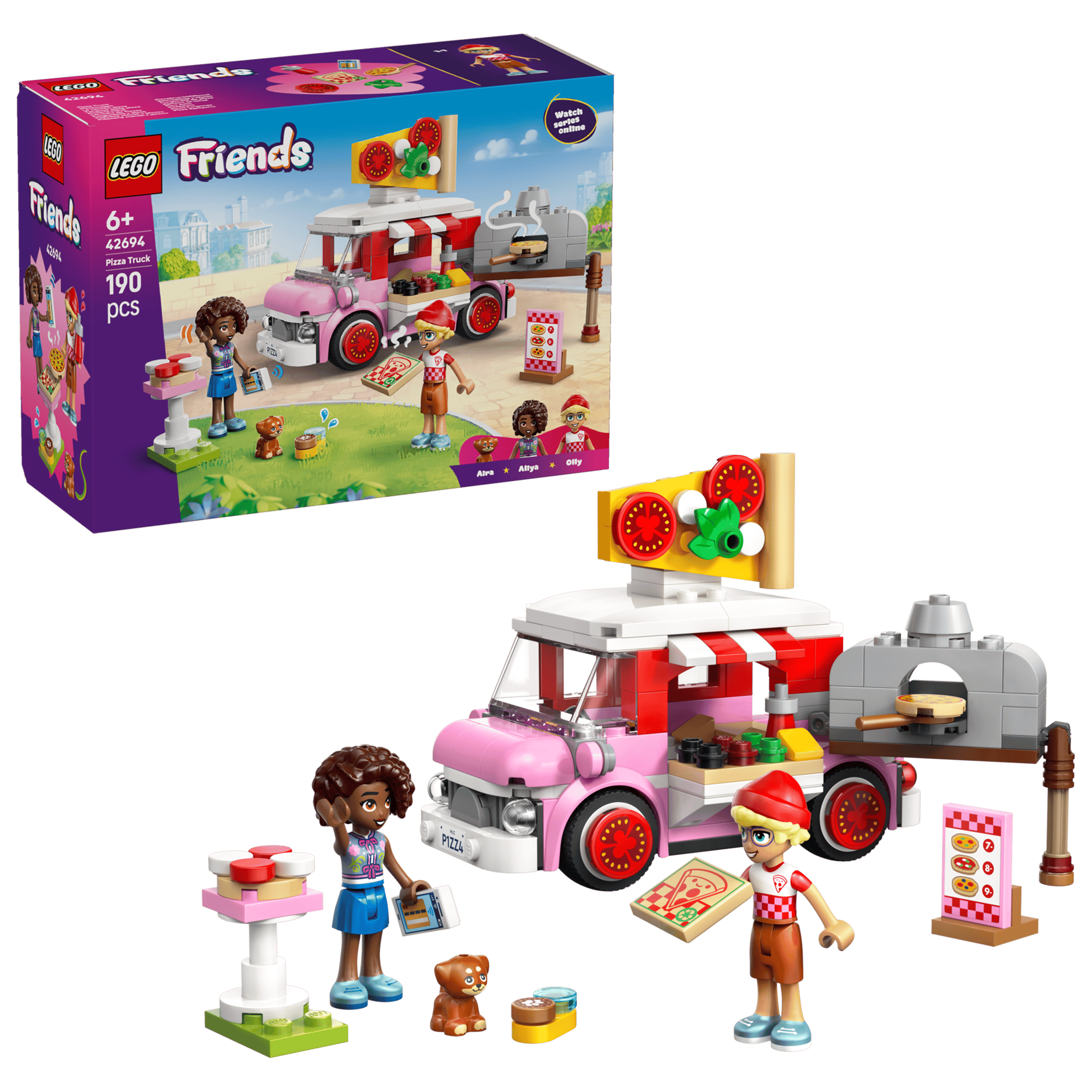 LEGO Friends Pizza Truck 42694 box and model