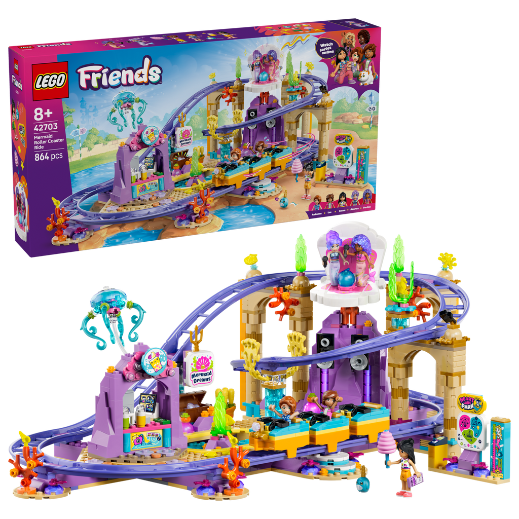 LEGO Friends Mermaid Roller Coaster Ride 42703 box and model