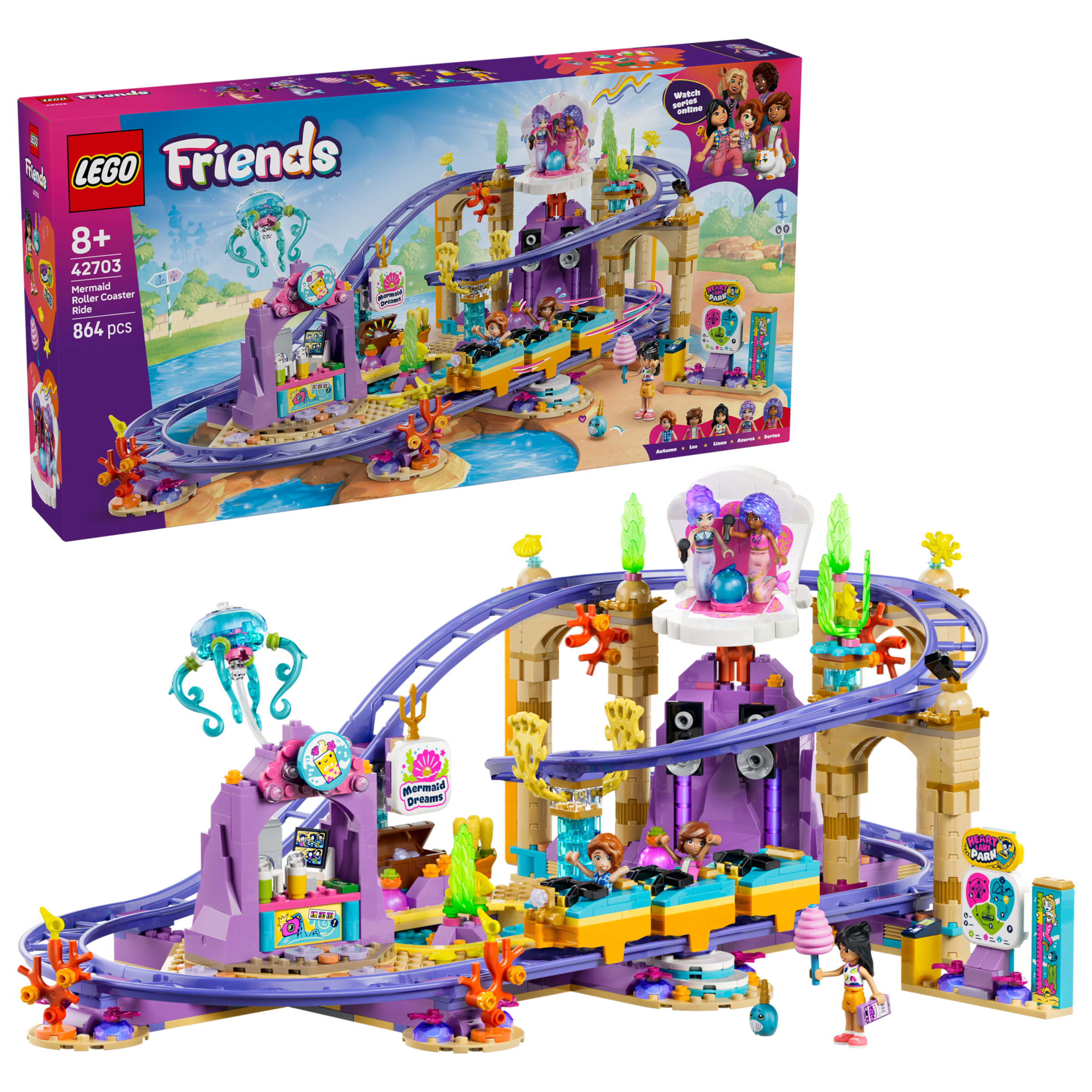 LEGO Friends Mermaid Roller Coaster Ride 42703 box and model