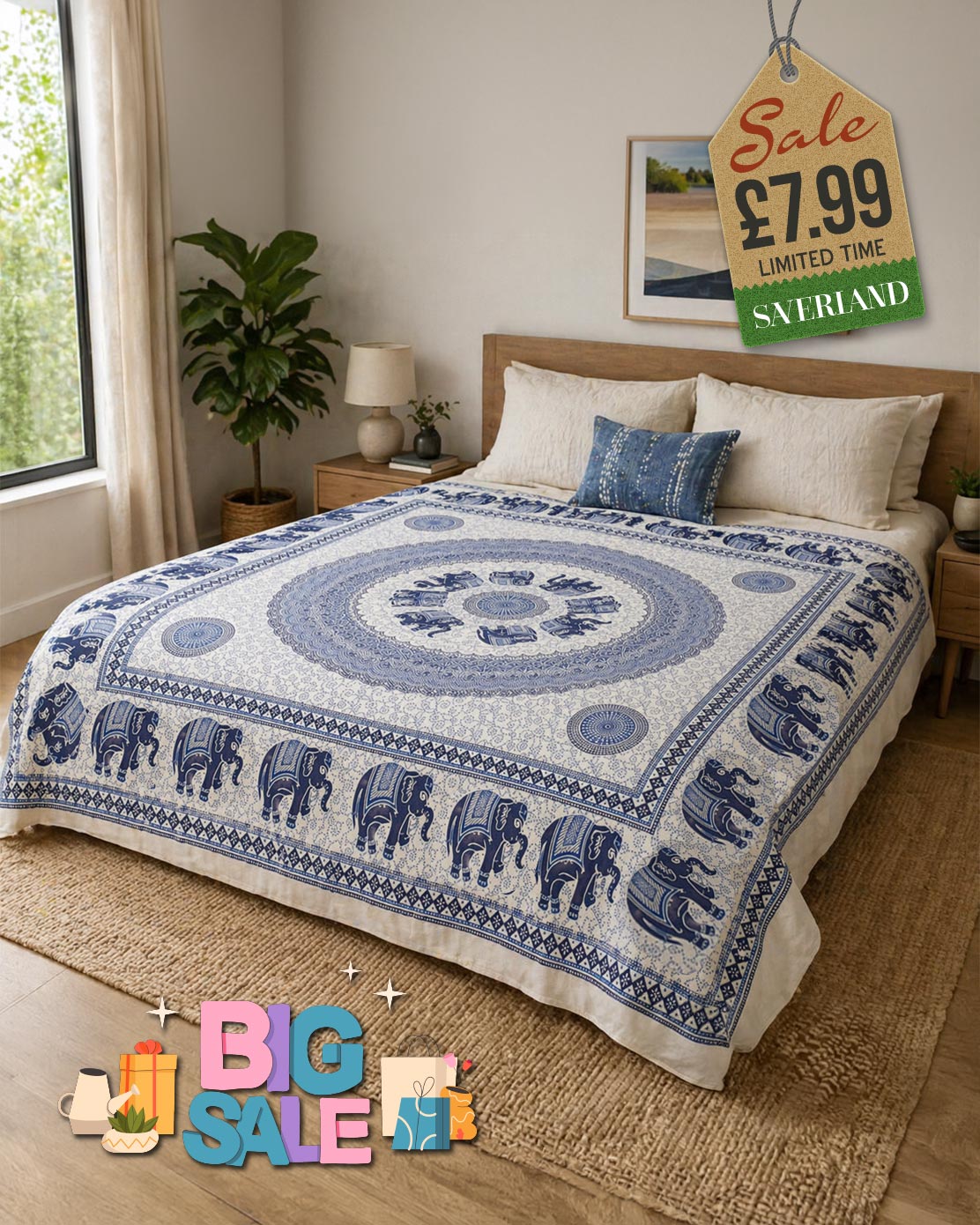 Blue and white elephant mandala bedspread draped over a double bed in a bright bedroom