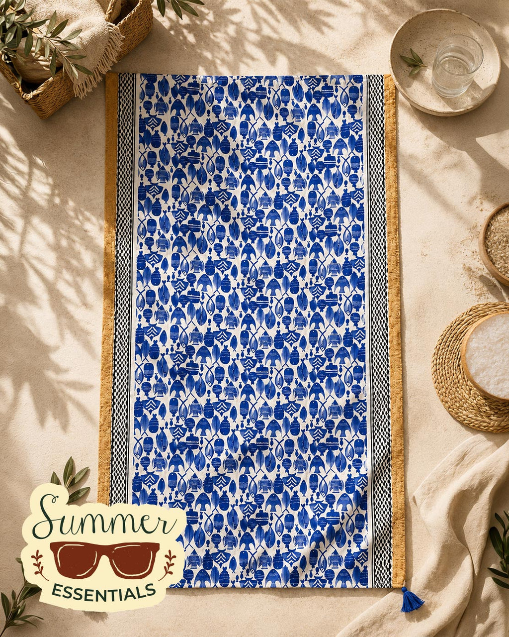 Fish & Floral Cotton Sarong – Blue