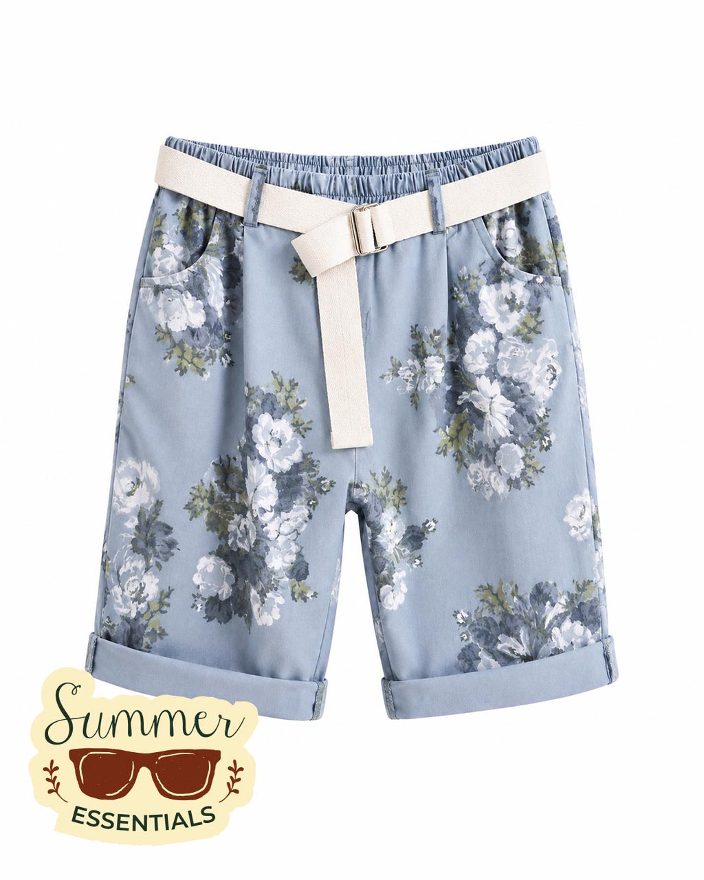 Vintage Bloom Relaxed Shorts – Pastel Blue