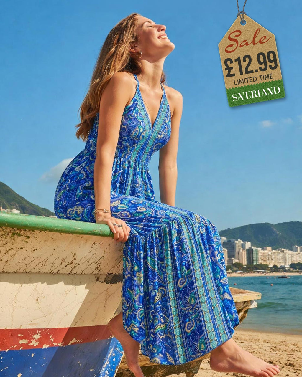 Light blue paisley halter maxi dress on tropical beach