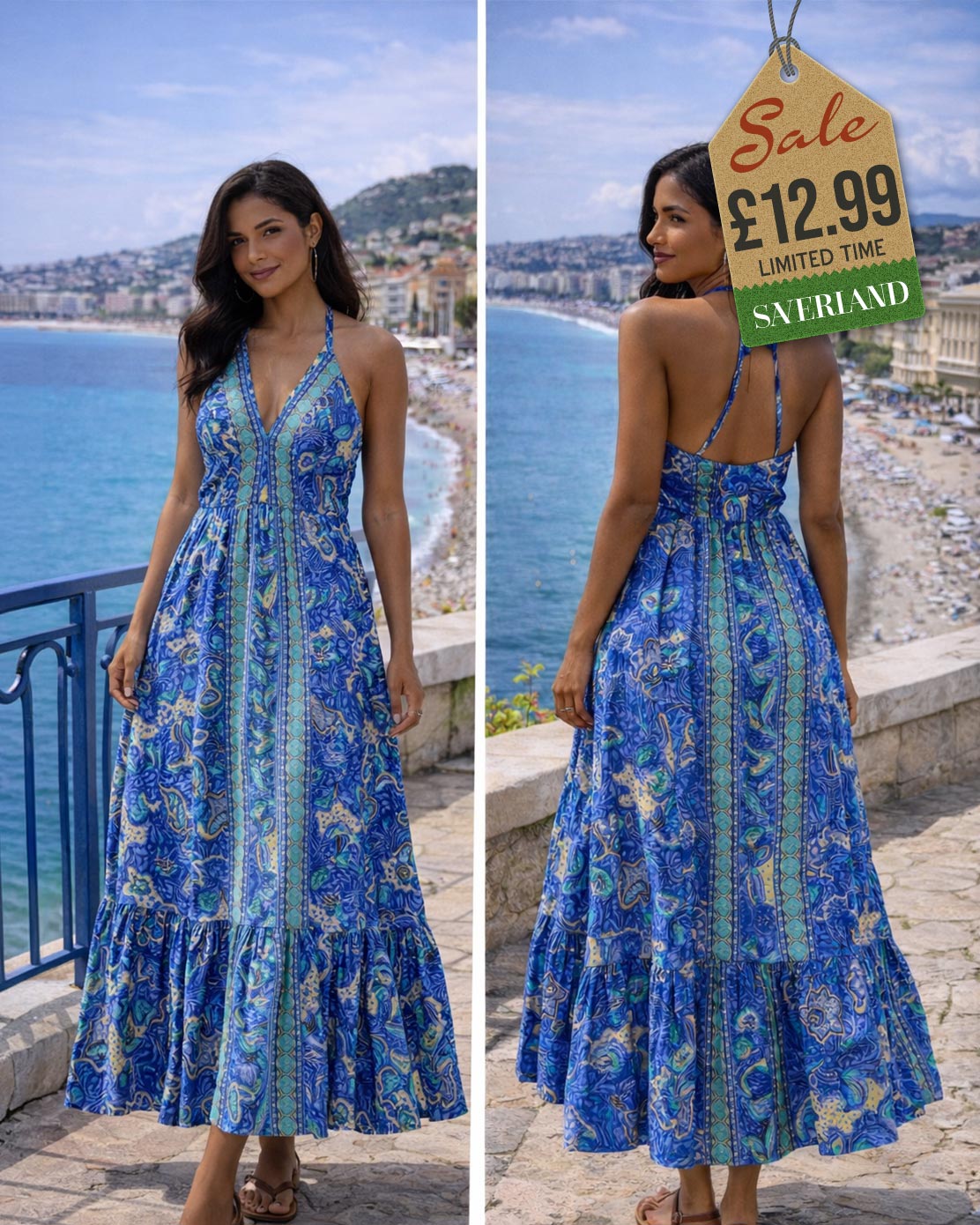Royal blue paisley halter maxi dress styled seaside