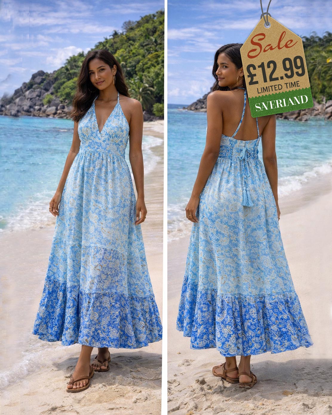 Sky blue floral halter tiered maxi dress on beach