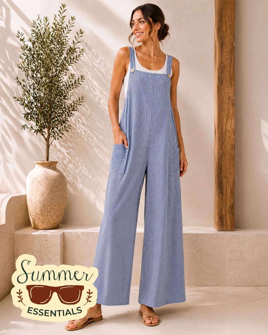Striped Wide Leg Jumpsuit - Blue