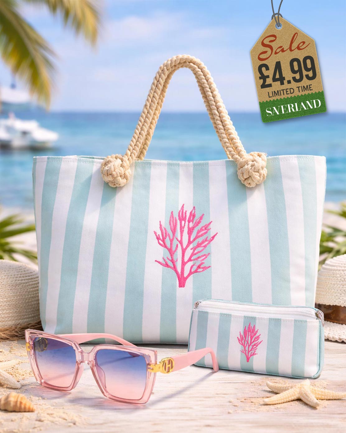 Mint and white striped canvas beach tote with pink coral embroidery and matching pouch
