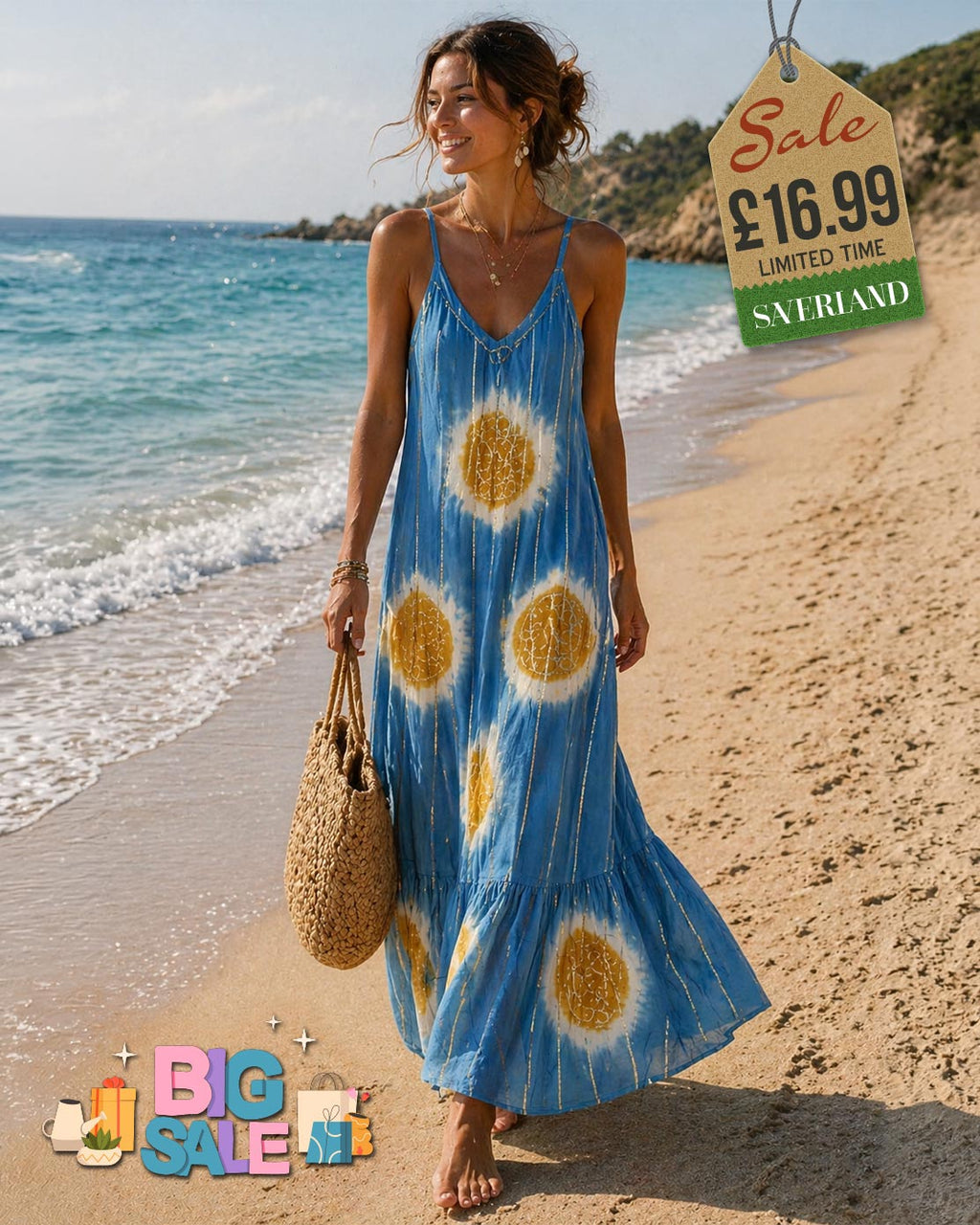 Woman walking on a beach wearing a blue tie-dye sunburst midi dress with spaghetti straps and ruffled hem