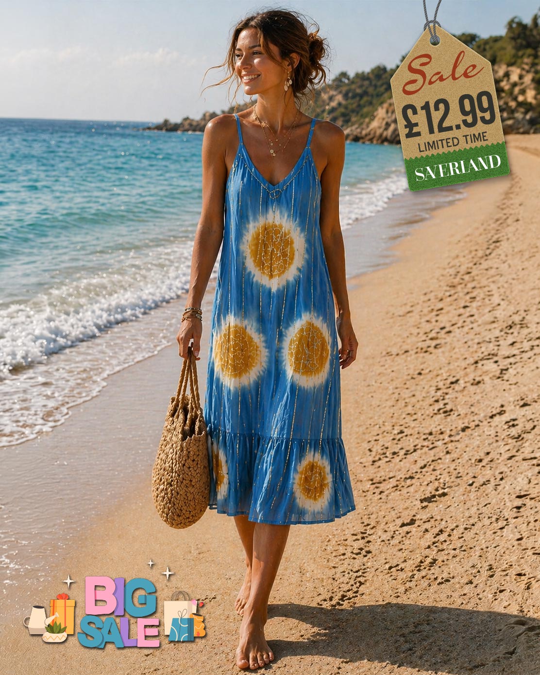 Woman walking on a beach wearing a blue tie-dye sunburst midi dress with spaghetti straps and ruffled hem