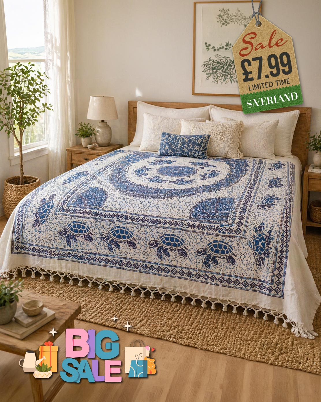 Blue and white sea turtle mandala tassel throw blanket draped over a bed in a bright boho bedroom