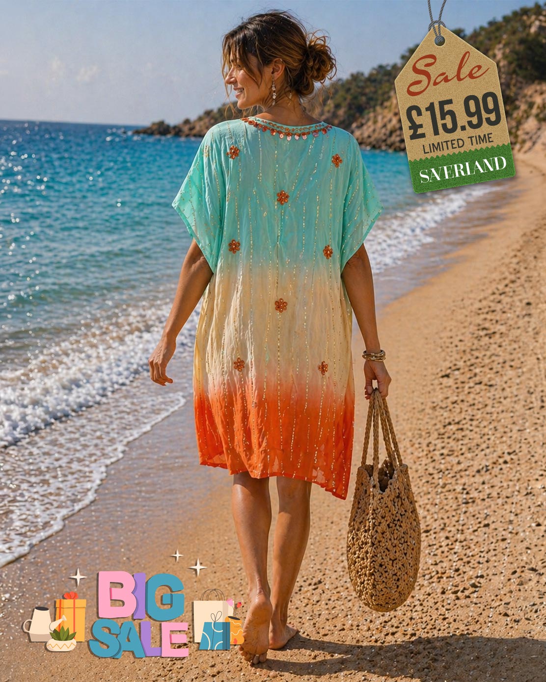 Boho Tie-Dye Beach Cover-Up - Turquoise & Orange