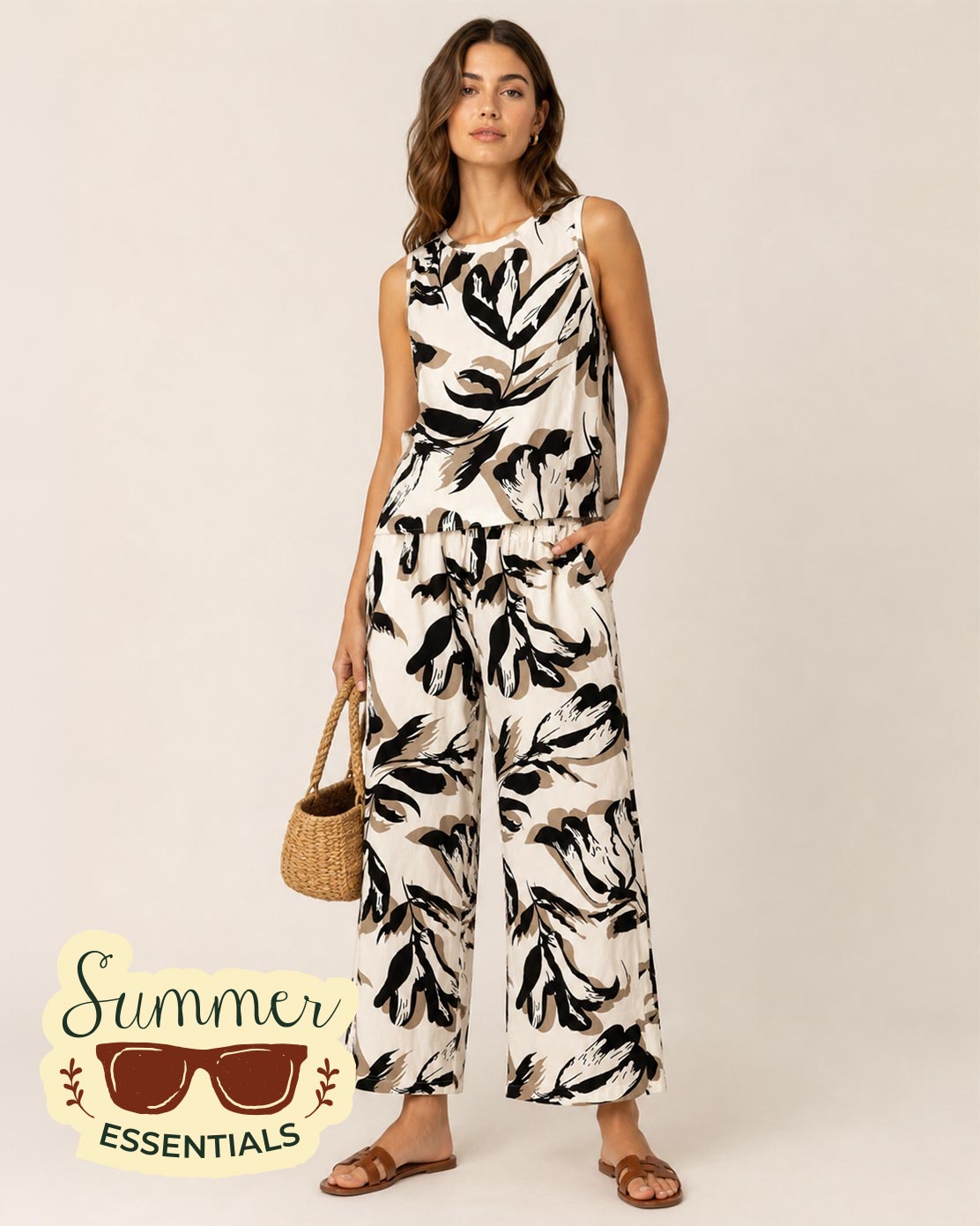 Floral Sleeveless 2 Piece Set - Brown