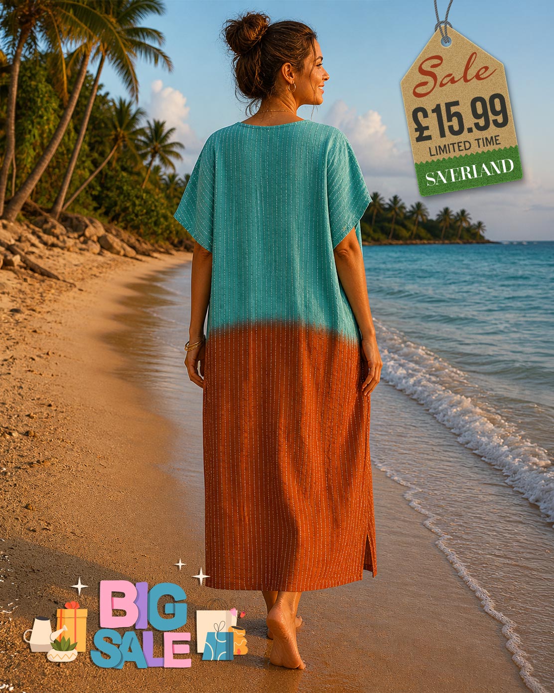 Woman walking on a tropical beach wearing a colour block kaftan maxi dress in teal and rust brown with short sleeves