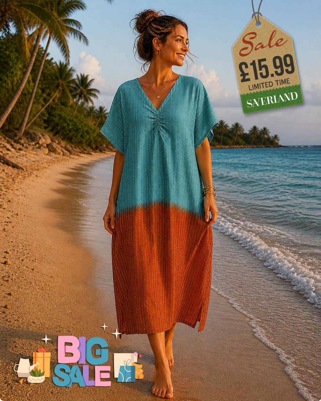 Woman wearing a colour-block brown and turquoise kaftan maxi dress on a tropical beach