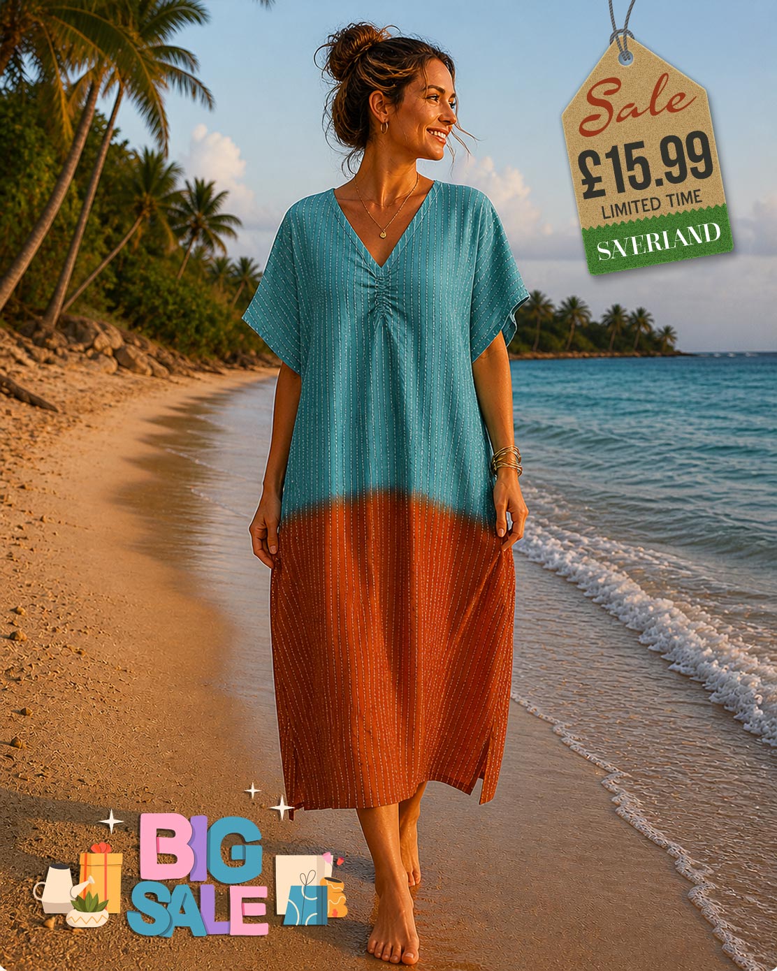 Woman wearing a colour-block brown and turquoise kaftan maxi dress on a tropical beach
