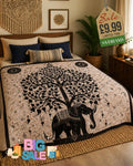 Black and cream bed throw featuring a mandala elephant under a Buddha tree of life design