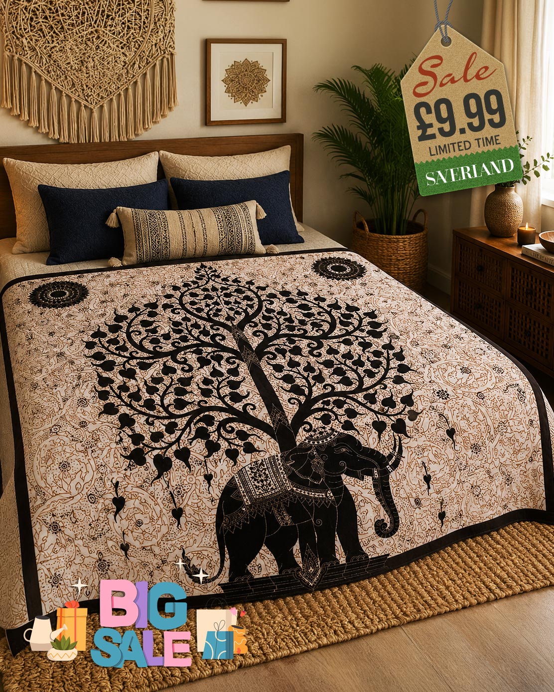 Black and cream bed throw featuring a mandala elephant under a Buddha tree of life design