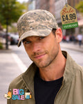 Man wearing a digital camouflage print baseball cap in tan and green tones