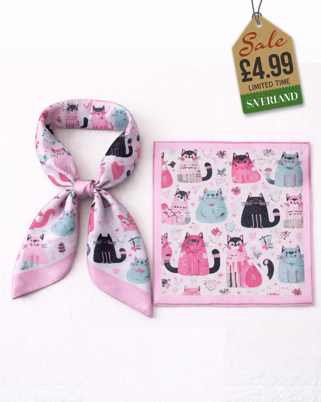 Cat Satin Scarf - Pink