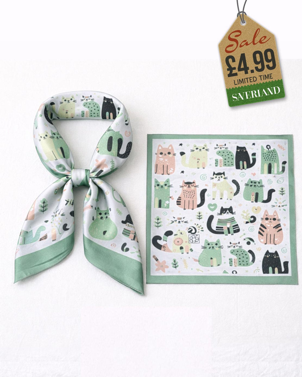 Cat Satin Scarf - Green