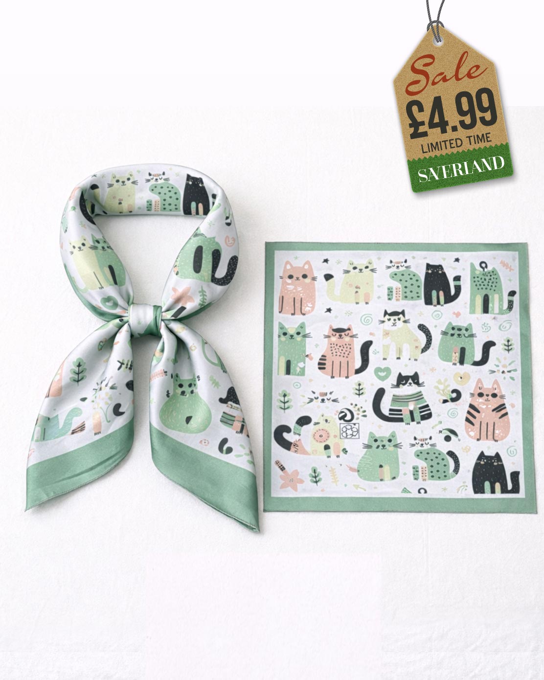 Cat Satin Scarf - Green