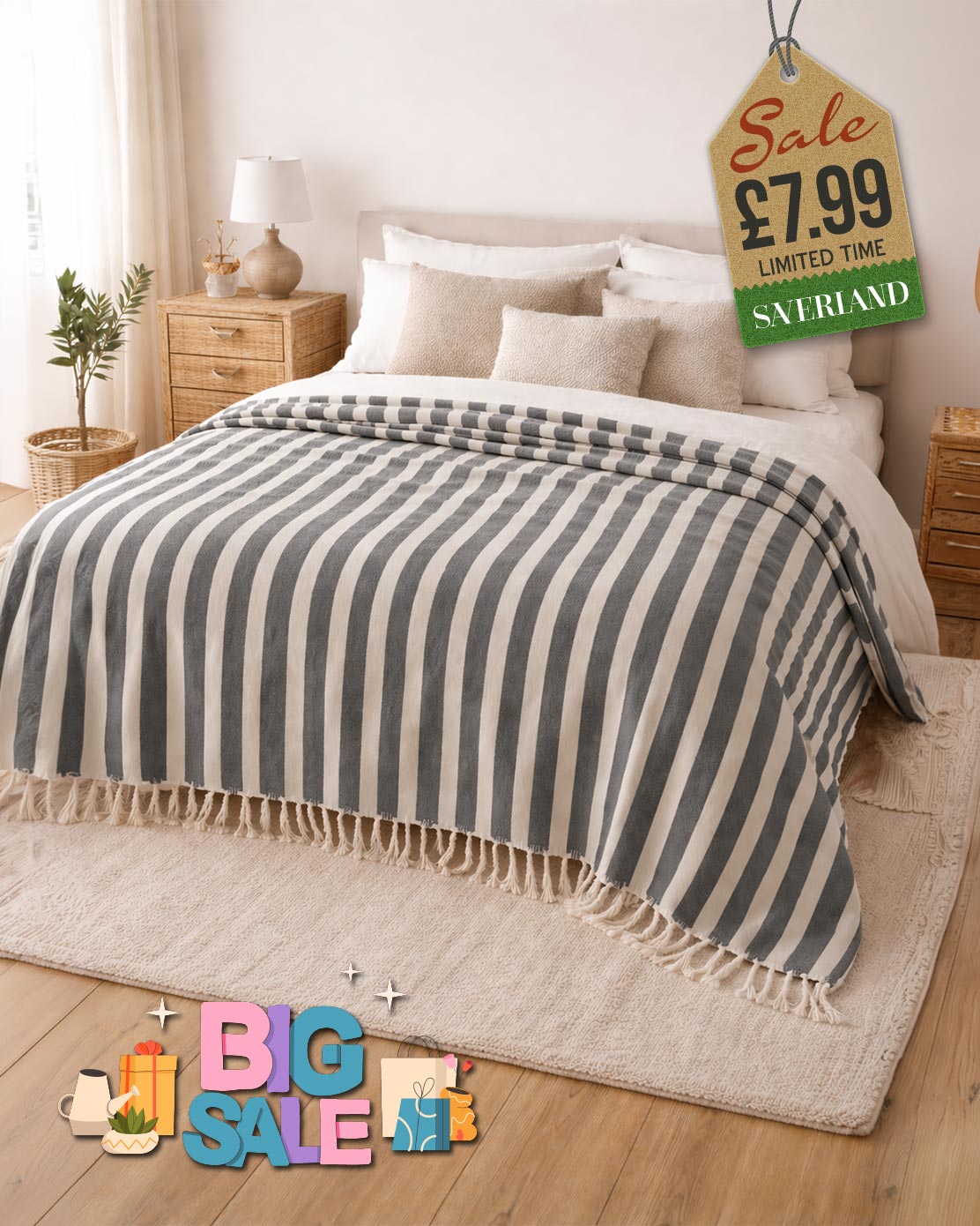 Grey and white striped throw blanket with tassel fringe draped over a bed