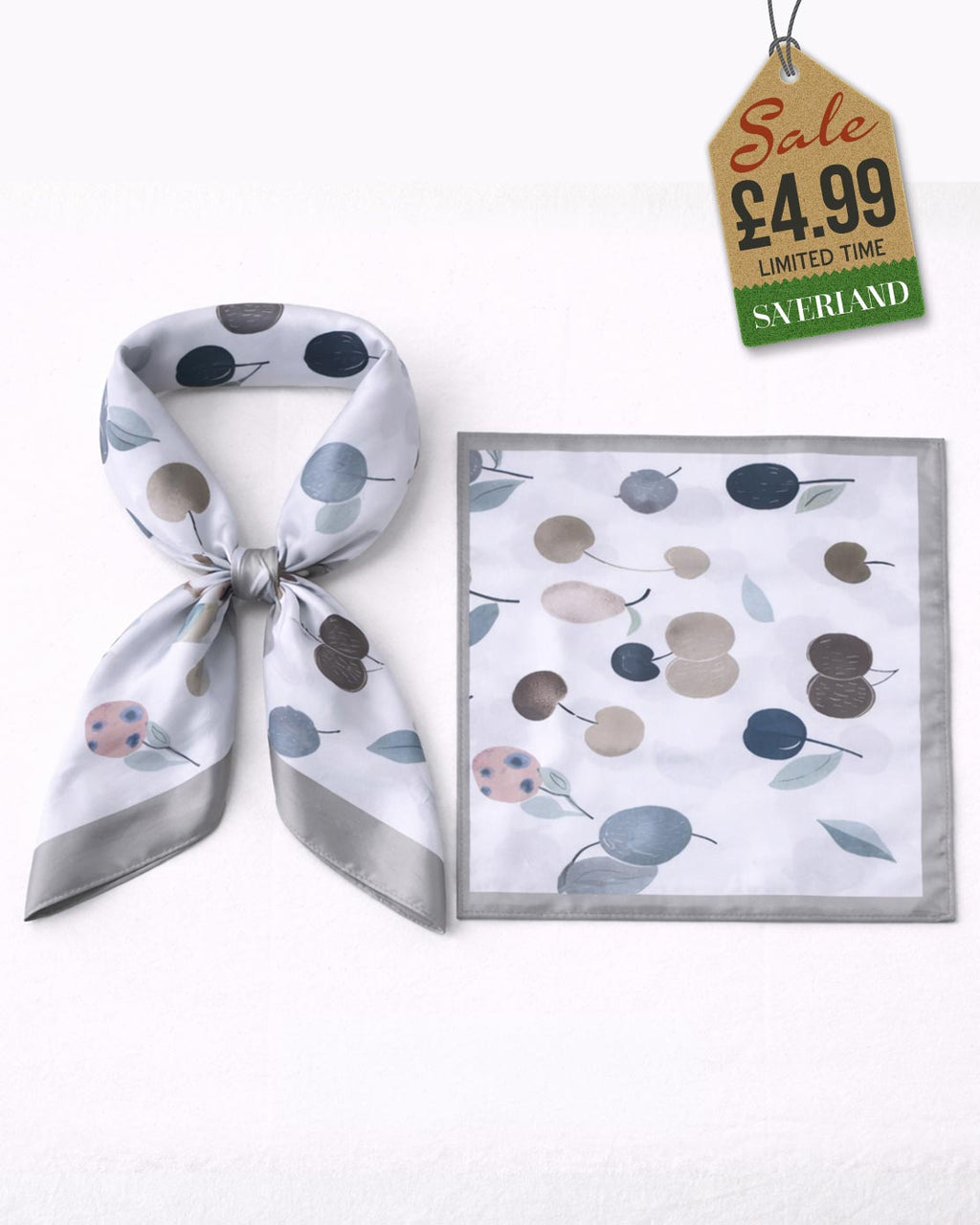 Muted tones cherry print satin scarf shown tied in neck scarf knot and flat square product view