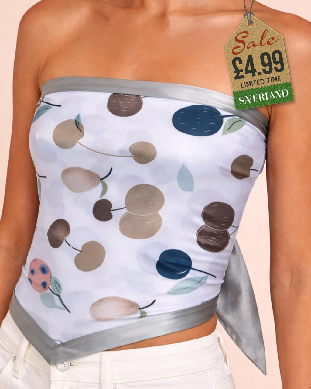 Muted tones cherry print satin scarf worn as a strapless bandeau tube top