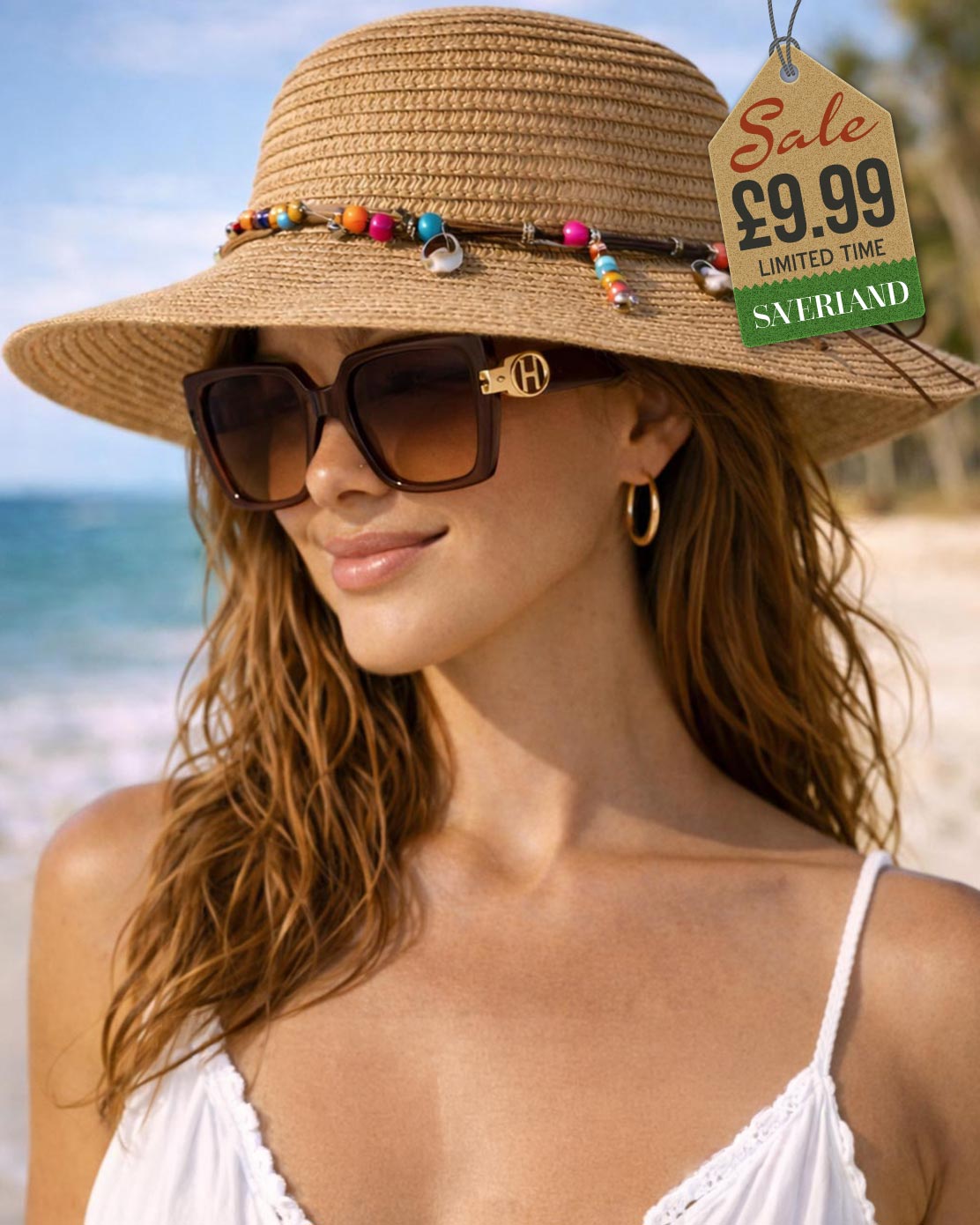 Woman wearing chestnuts two-tone oversized sunglasses with gold accent at tropical beach with straw hat