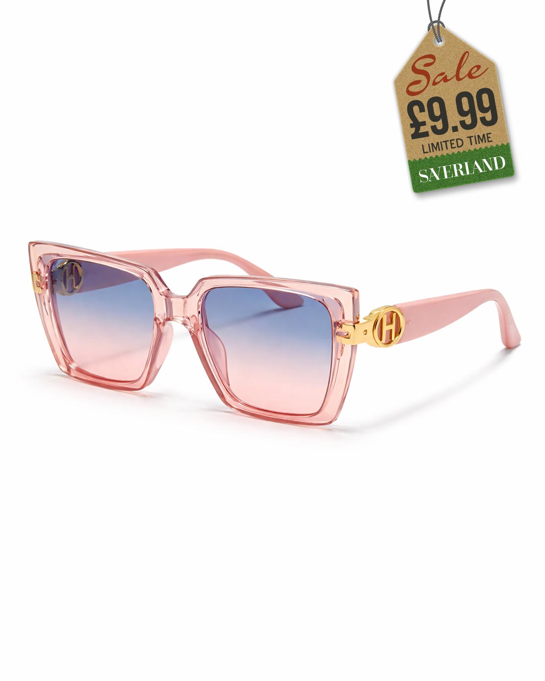 Transparent blush pink oversized sunglasses with blue-to-rose ombre gradient lenses and gold logo accents - product view