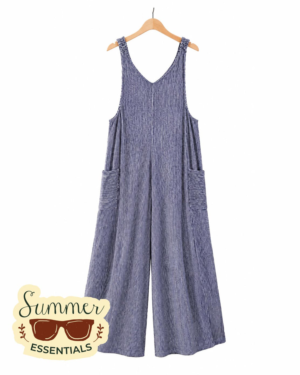 Striped Wide Leg Jumpsuit V-Neck - Blue