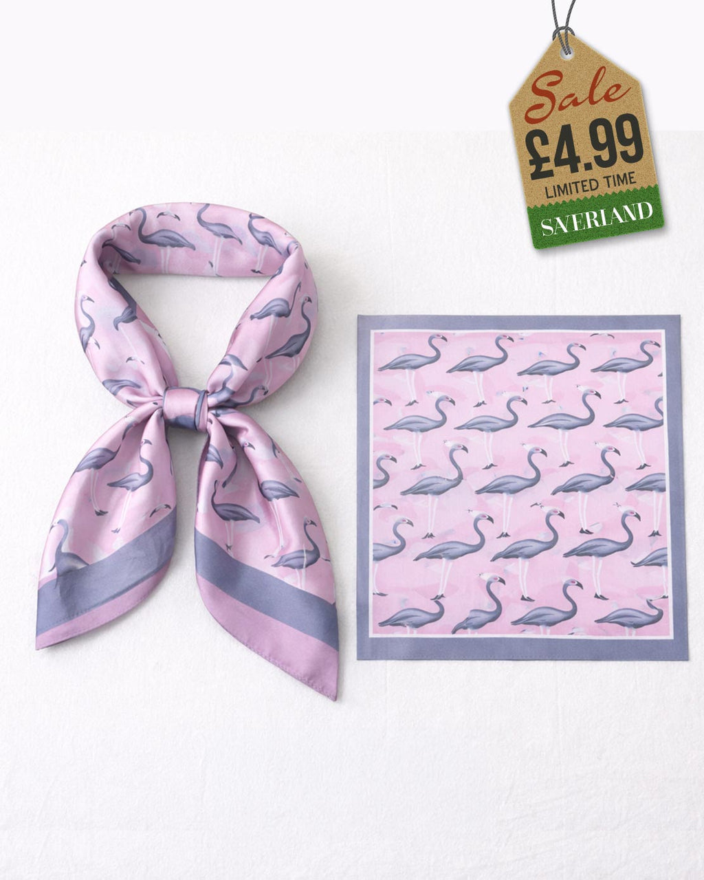 Pink flamingo print satin scarf shown tied in neck scarf knot and flat square product view