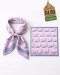 Pink flamingo print satin scarf shown tied in neck scarf knot and flat square product view