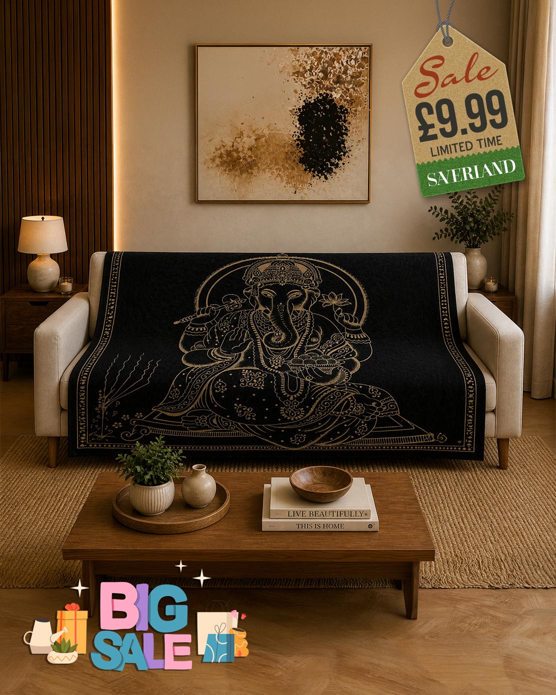 Ganesha Black & Gold Bed Throw