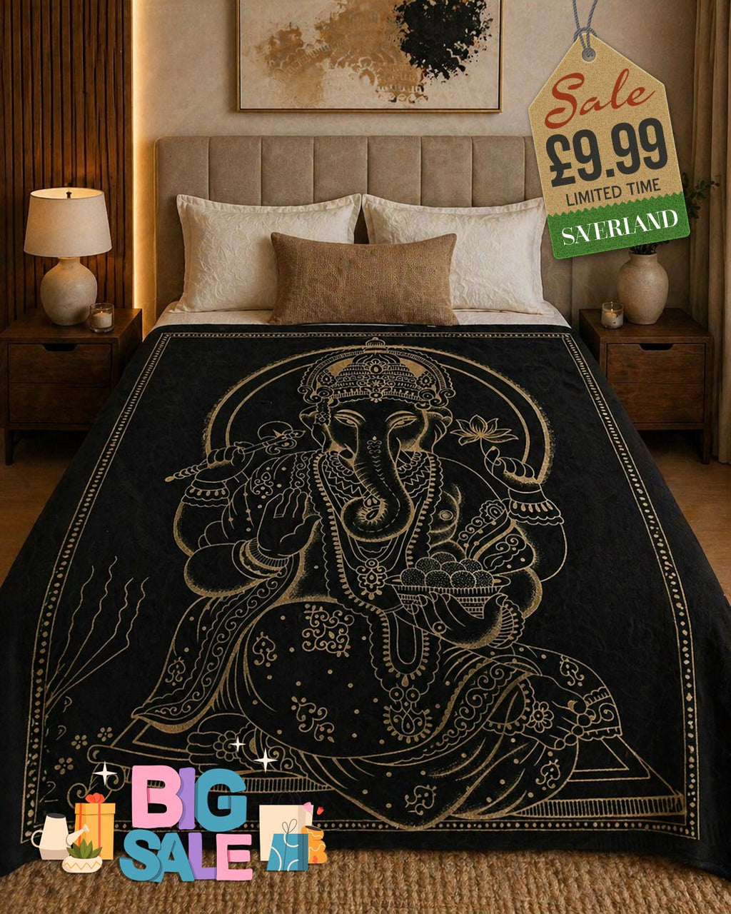 Black bed throw with intricate gold Ganesha illustration draped over a double bed