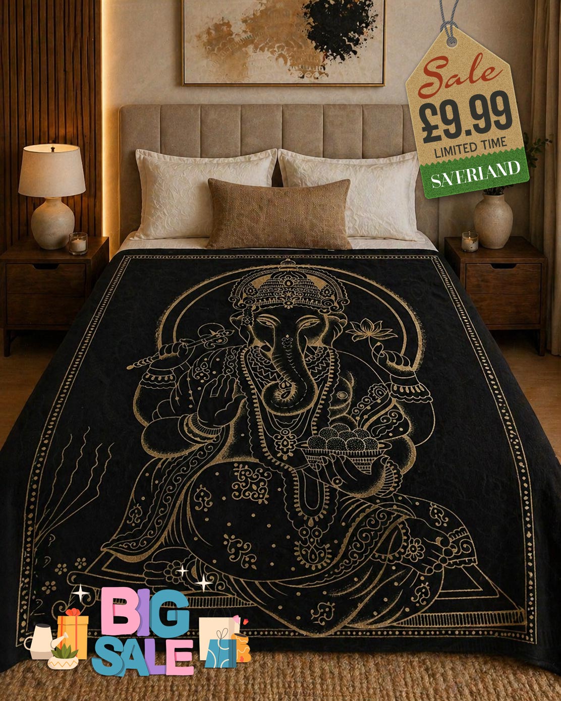 Black bed throw with intricate gold Ganesha illustration draped over a double bed