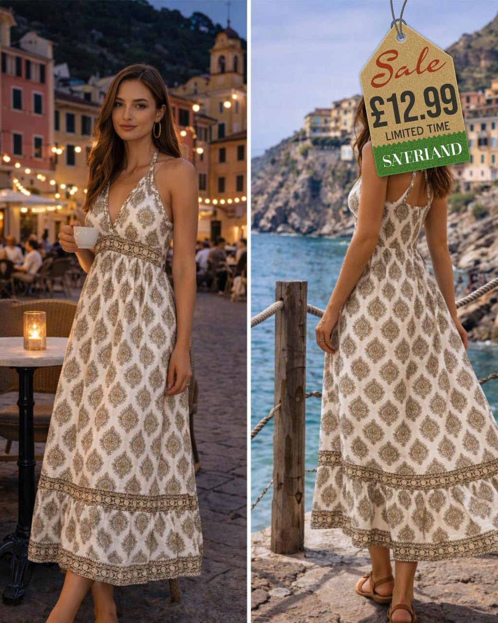 Cream and gold block-print boho maxi dress at Italian night cafe