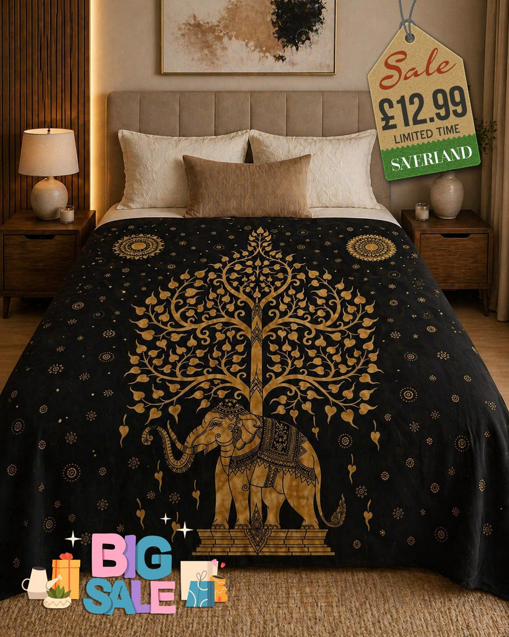 Buddha Tree Black & Gold Bed Throw