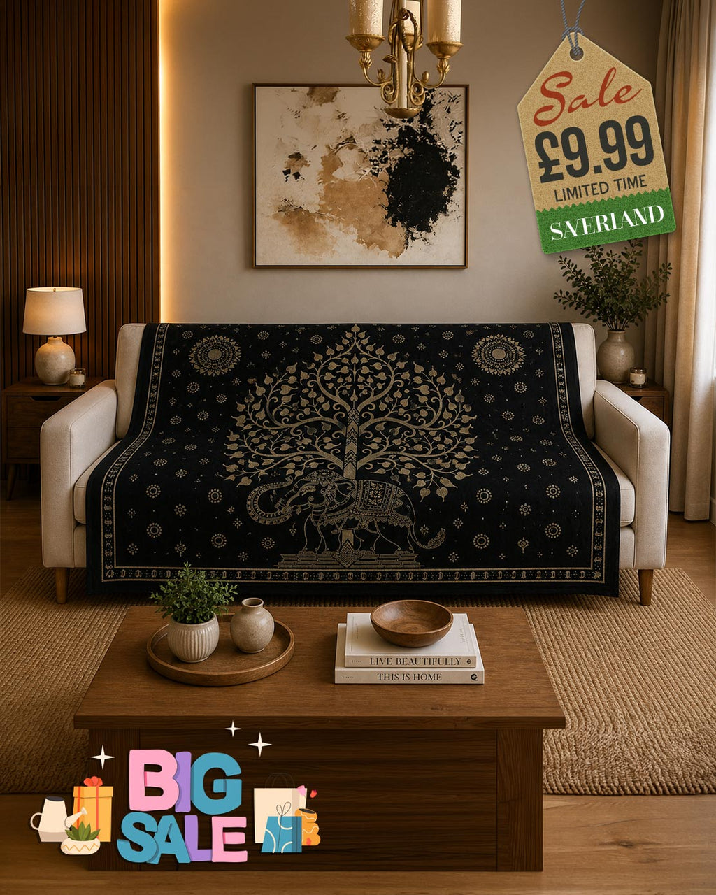 Buddha Tree Black & Light Gold Bed Throw